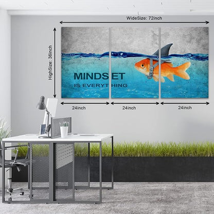 KAWAHONE 3 Panels Modern Framed Inspirational Quote Canvas Wall Art-Mindset is Everything Goldfish Strong Shark Motivational Posters Framed, Bathroom Bedroom Office Decor Framed Ready to Hang