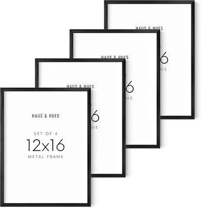 HAUS AND HUES Set of 4 Poster Frames 12x16-12 by 16 Poster Frames 12x16 Frame Set, Large Picture Frames, Big Picture Frames 12x16 Frames (Black Aluminum Frames)