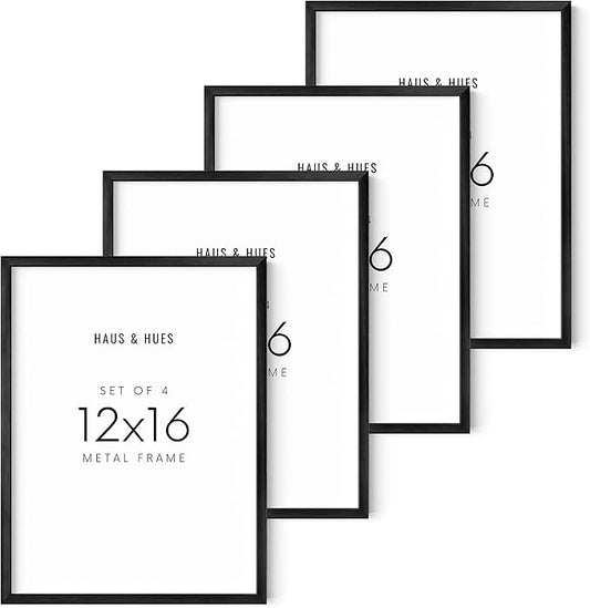 HAUS AND HUES Set of 4 Poster Frames 12x16-12 by 16 Poster Frames 12x16 Frame Set, Large Picture Frames, Big Picture Frames 12x16 Frames (Black Aluminum Frames)