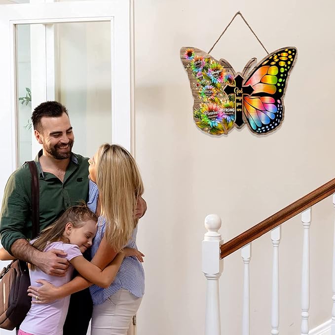 RSLEE Butterfly Room Decor Cross Wooden Sign Wall Decor Scripture Plaque Quote Hanging Wall Sign Rustic Farmhouse Wall Art for Living Room, Tan, 9inchx12inch