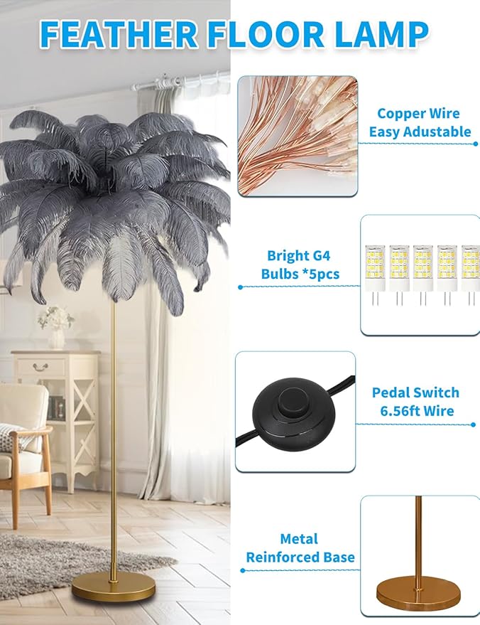 Feather Floor Lamp,Fluffy Ostrich Feather Floor Lamp for Bedroom,3 Color Temperatures Led Corner Modern Floor Lamps for Living Room Christmas Home Decor House Warming Gifts,63″ Height (Grey)