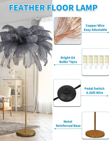 Feather Floor Lamp,Fluffy Ostrich Feather Floor Lamp for Bedroom,3 Color Temperatures Led Corner Modern Floor Lamps for Living Room Christmas Home Decor House Warming Gifts,63″ Height (Grey)