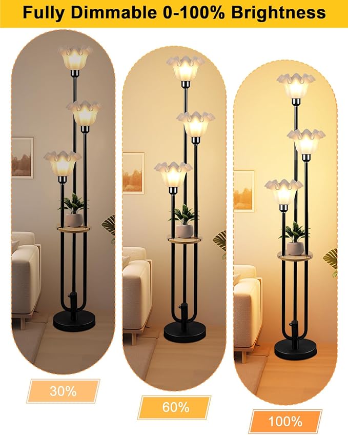 Flower Floor Lamp for Living Room, Dimmable Vintage Floor Lamp with Shelf & LED Bulbs, 3 Light 3000K Warmwhite Mid Century Black Floral Tall Standing Lamp with 5Lbs Heavy Base for Bedroom