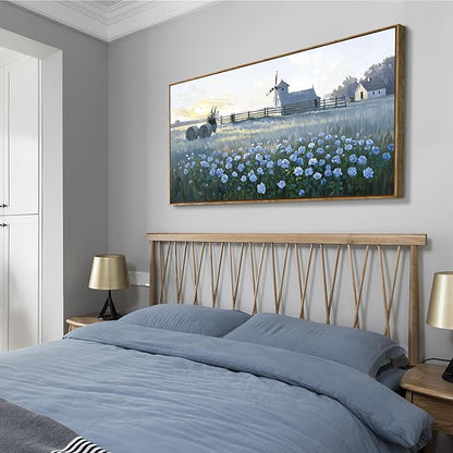 Large Framed Modern Canvas Wall Art, Natural Rural Farm Print Picture, Blue Windmill Flower Field Landscape Art Decor For Living Room, Bedroom, Dining Room, And Kitchen. 48X24 Inches.