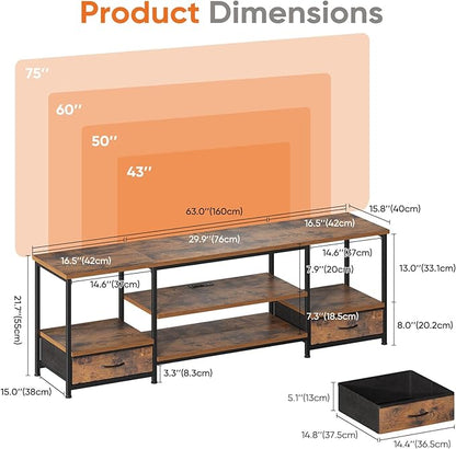 DUMOS 63 inch TV Stand, Entertainment Center with Charging Station (2AC+USB+Type-C), Media Console Table with Storage Drawers & Open Shelves, Heavy Duty Frame for Living Room, Rustic Brown