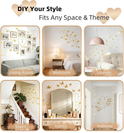 YarnieJiajia Gold Metal Wall Art Decor Wire Hearts And Pvc Butterfly Hanging For Living Room Bedroom Dorm Romantic Minimalist Home Decoration Gift For Women
