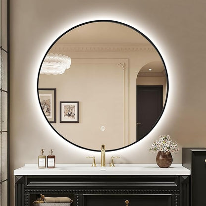 Niccy 40" LED Backlit Round Mirror for Bathroom, Black Framed Vanity Light Wall Mirror, LED Smart Circle Mirrors with 3 Lighting Colors, Round Lighted Mirror with Anti-Fog, IP65 Waterproof