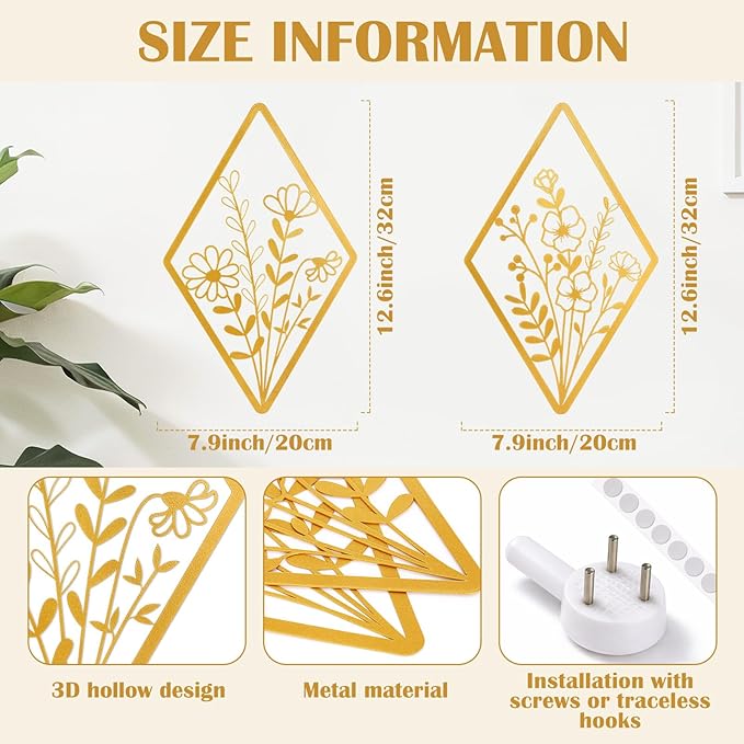 PullCrease 2 Pcs Metal Wall Art, Metal Flower Wall Decor, Modern Floral Art for Living Room, Bedroom, Bathroom, Rustic Farmhouse Decor, Sculpture Kitchen Decoration(Gold)