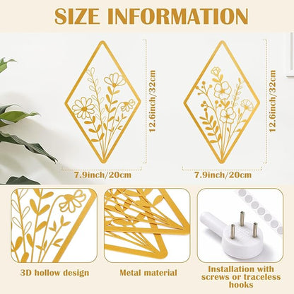 PullCrease 2 Pcs Metal Wall Art, Metal Flower Wall Decor, Modern Floral Art for Living Room, Bedroom, Bathroom, Rustic Farmhouse Decor, Sculpture Kitchen Decoration(Gold)