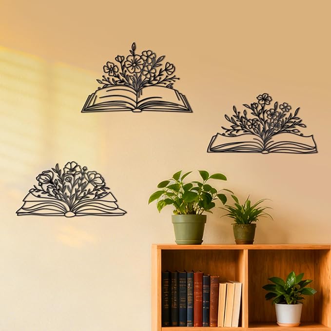 Zzbakress 3 Pcs Book Wall Decor Metal Flower Wall Art, Library Decor Hanging Sculpture, Reading Nook Silhouette Wall Hanging for Home Office Reading Room Teacher Gift (Elegant)