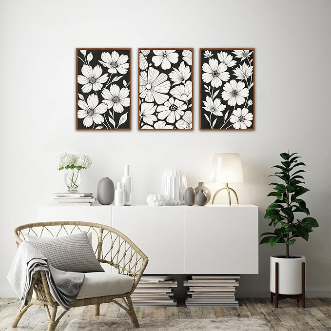 HLNIUC Vintage Floral Wall Art Canvas,Modern Black White Flower Artwork,Neutral Wildflower Wall Art Framed,Miinimalist Plant Painting,Retor Botanical Framed Decor for Living Room Bedroom Home-16x24x3