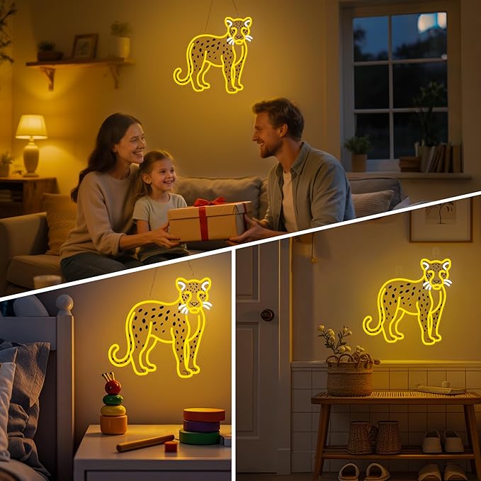 OkiyiD Cheetah Neon Sign, Cheetah Wall Art Decor Gifts with USB Power Wild Animal Themed Decor for Bedroom, Office, Game Room and Bar, Creates Vibrant Jungle Safari Ambient Lighting
