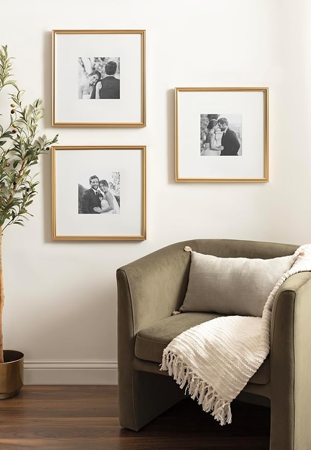 Kate and Laurel Adlynn Square Picture Frame Set of 3; 16 x 16 matted to 8 x 8; Gold; Modern Three-Piece Frame Set for Gallery Wall Frame Set in Living Room Wall Decor