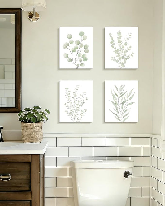 Drsoum Botanical Plant Framed Wall Art Boho Wall Decor for Bathroom Sage Green Eucalyptus Leaf Prints Minimalist Aesthetic Ready to Hang Set of 4, 8x10 in (Framed)