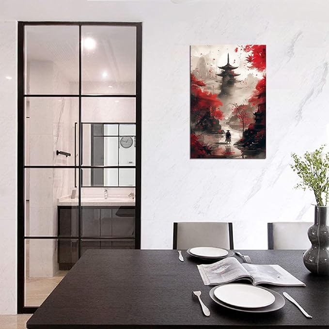 Japanese Canvas Wall Art Japanese Landscape Painting Prints Red and Black Cherry Blossom Trees Building Pictures Artwork for Men Bedroom Living Room Office (24''W x 36''H)