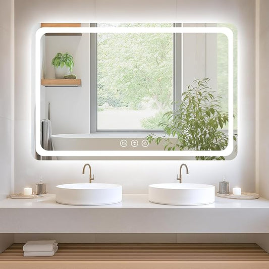 Led Bathroom Mirror with Lights, Anti-Fog & Tri-Color Lighting - Wall Mounted Shaving Mirror with Touch Sensor, Waterproof Smart LED Vanity Mirror Tempered Glass Dimmable 60" x 40"