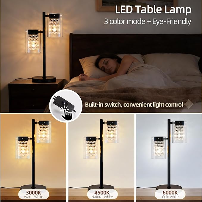 Crystal Table lamp-Modern Black Lamps for Living Room,Plug in Bedside Lamps with Switch,Elegant Desk lamp for Room Decor,Bedroom,Dining Room,23" Tall