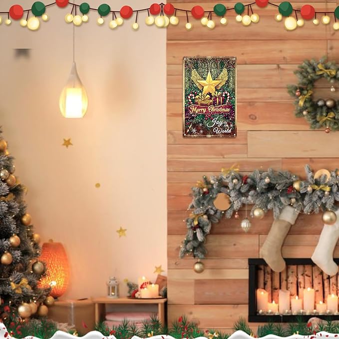 Christmas Decorations Outdoor Yard Signs - 12x8 In Golden Winged Star & Stained-Glass Sign with Merry Christmas & Joy to the World Sign for Home Kitchen Holiday Wall Decor Outdoor Gathering Spaces