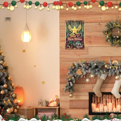 Christmas Decorations Outdoor Yard Signs - 12x8 In Golden Winged Star & Stained-Glass Sign with Merry Christmas & Joy to the World Sign for Home Kitchen Holiday Wall Decor Outdoor Gathering Spaces
