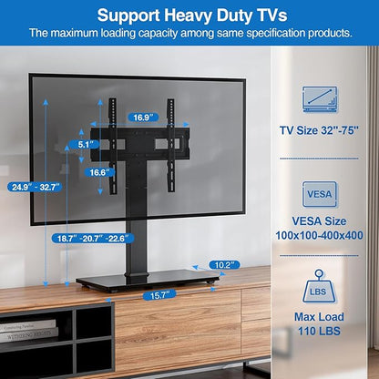 Universal Swivel TV Stand Base for 32-75 Inch TVs, Height Adjustable Table Top TV Stand with Tilt Mount, Holds up to 110 lbs, Heavy Duty Temper Glass Base, Max VESA 400x400mm