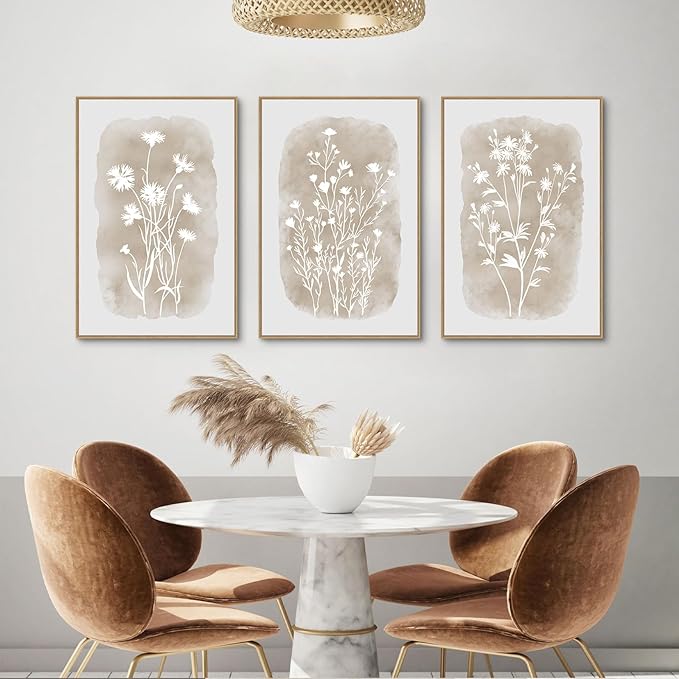 Neutral Wildflower Wall Art Framed Boho Botanical Large Vintage Farmhouse Minimalist Floral Beige Canvas Wall Decor Prints for Living Room Bedroom Office, 3 Panels, 24x36 Inch