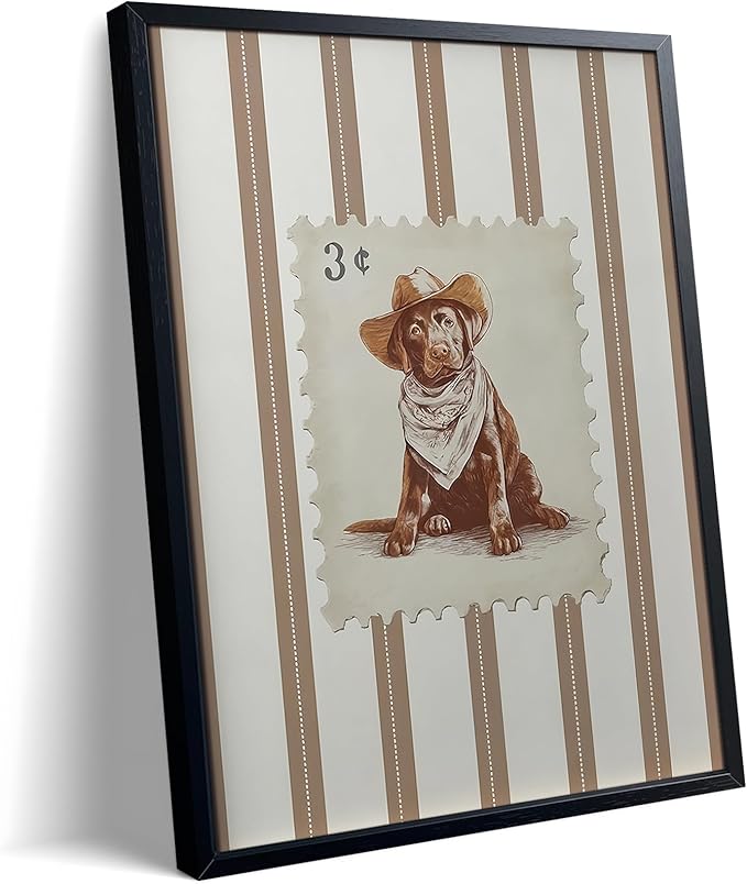 Vintage Cowboy Dog Wall Art, Western Puppy Stamp Canvas Print, Farm Rustic Country Animal Wall Decor, Southwestern Poster Oil Painting for Living Room Bedroom Nursery Office 12x16 Inch Framed