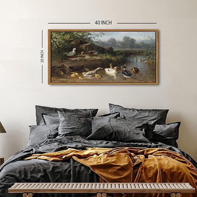 Vintage Mallard Duck Wall Art Farmhouse Countryside Pond Framed Wall Decor for Living Room Bedroom Rustic Animal Canvas Picture Cottagecore Wildlife Poster Nature Landscape Artwork Decorations 20x40