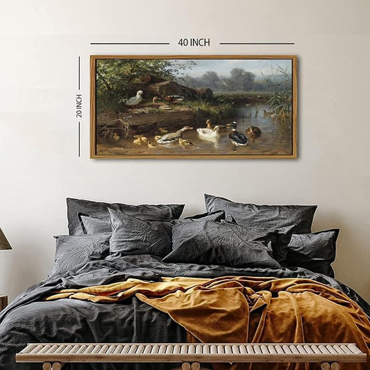 Vintage Mallard Duck Wall Art Farmhouse Countryside Pond Framed Wall Decor for Living Room Bedroom Rustic Animal Canvas Picture Cottagecore Wildlife Poster Nature Landscape Artwork Decorations 20x40
