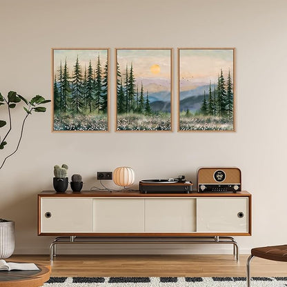 Boho Sunset Forest Framed Canvas Wall Art Set,Colorful Nature Landscape Green Pine Tree Wall Decor, Modern Watercolor Mountain Artwork for Living Room,Bedroom,Office-24 x36 x3