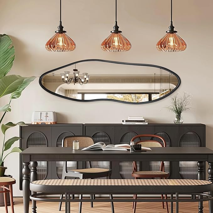 Irregular Full Length Mirror, 65"x22" Wooden Farmhouse Full Body Mirror, Large Asymmetrical Wall Mirrors for Living Room Entryway, Horizontal/Vertical, Black