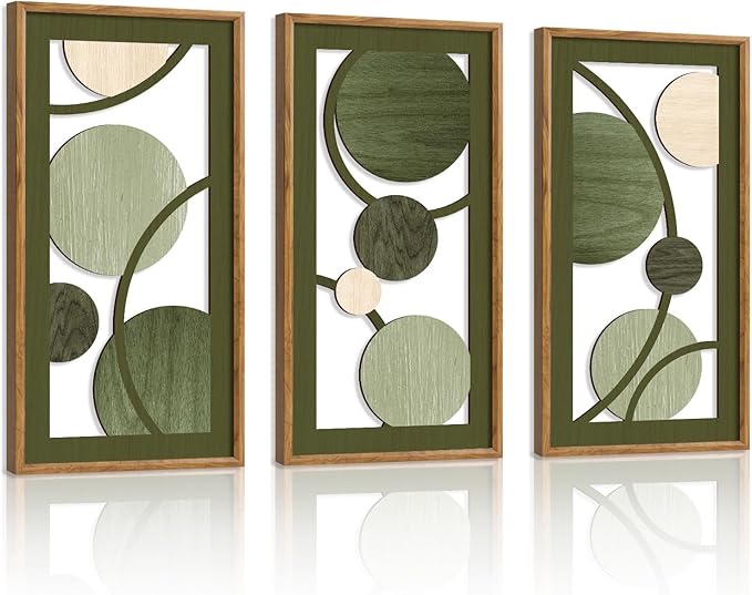 KAIRNE Boho Sage Green Wooden Wall Art,3 pieces Abstract Modern Wall Sculptures,Rustic Geometric Framed Hanging Decor,Minimalist Mid Century Wall Decor for Living Room Bedroom Farmhouse 8X16 inch