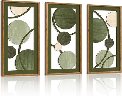 KAIRNE Boho Sage Green Wooden Wall Art,3 pieces Abstract Modern Wall Sculptures,Rustic Geometric Framed Hanging Decor,Minimalist Mid Century Wall Decor for Living Room Bedroom Farmhouse 8X16 inch