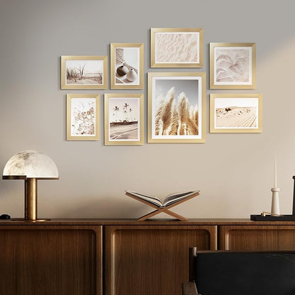 ArtbyHannah Gallery Wall Frame Set, 8 Pack Picture Frames Collage Wall Art Decor with Neutral Pampas Grass for Bedroom, Assorted Size Including 8"x10", 5"x7", 4"x6", 6"x6"(Gold Frame,Small)
