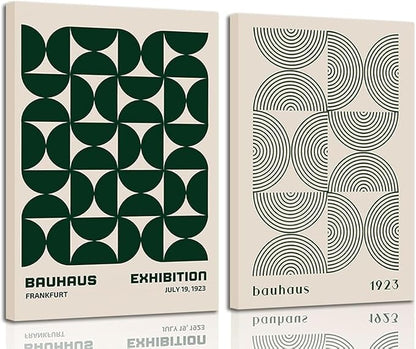 2Pcs Bauhaus Mid Century Modern Wall Art Retro Exhibition Posters Prints Green Boho Geometric Abstract Minimalist Wall Decor Pictures for Bedroom iving Room Dining Room Framed (Green, 16x24in Framed)