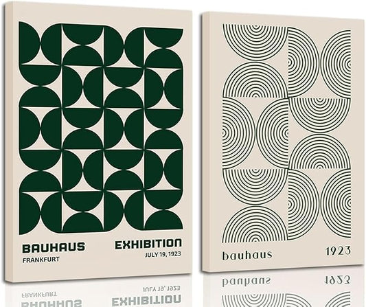 2Pcs Bauhaus Mid Century Modern Wall Art Retro Exhibition Posters Prints Green Boho Geometric Abstract Minimalist Wall Decor Pictures for Bedroom iving Room Dining Room Framed (Green, 16x24in Framed)