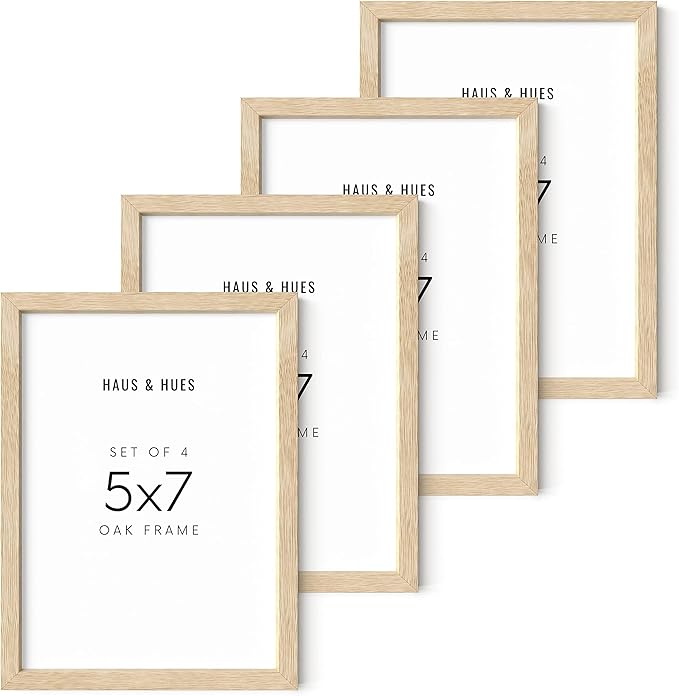 HAUS AND HUES Beige Oak Wood 5x7 Picture Frame - Modern Wood Wall Art Display - Lightweight 5x7 Frame for Art Prints, Photos, Posters - Ready-to-Hang Vertically & Horizontally (Set of 4)