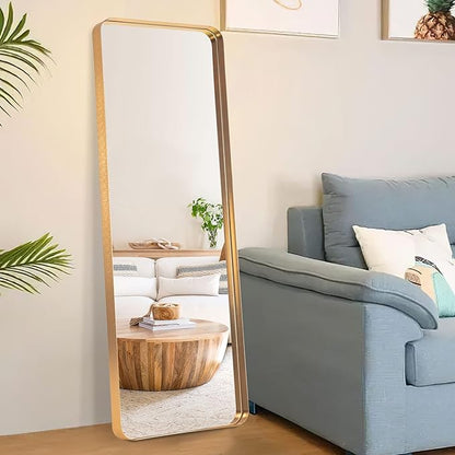 NeuType Full Length Mirror, 63"x20" Floor Mirror Full Body Dressing Mirror Round Corner, Hanging or Leaning Against Wall Large Rectangle Wall Mounted Deep Set Aluminum Alloy Frame for Bedroom, Gold