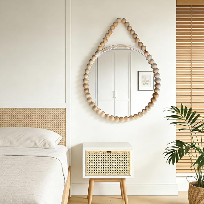 POZINO Wood Round Mirror, 28" Rustic Farmhouse Wall Hanging Mirror with Wooden Beaded Frame, Boho Circle Mirror for Bathroom Bedroom Living Room Hallway Entryway Fireplace
