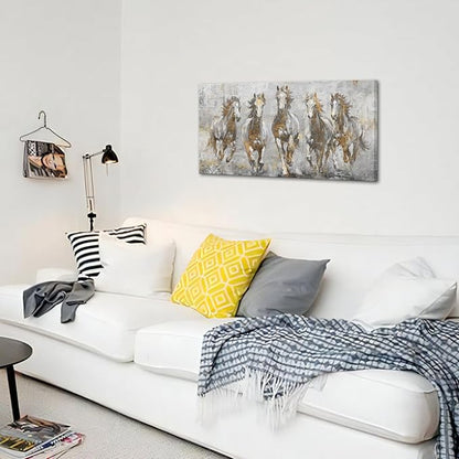 LoveHouse Gray and Gold Horse Wall Art Large Running Horses Canvas Print Horses Painting Wall Decor 24"x48"