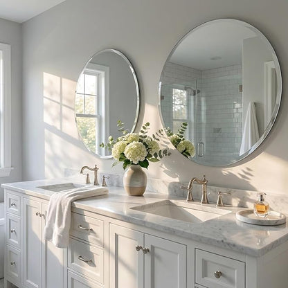 30 Inch Round Frameless Bathroom Mirror with Solid Backing, Beveled Edge Circle Vanity Mirror for Over Sink, Large Wall Mirror for Entryway Fireplace