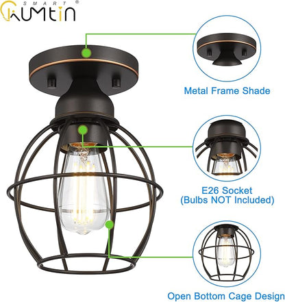 Farmhouse Ceiling Light Fixture, Vintage Semi Flush Mount Ceiling Light, Small Metal Cage Lighting Lamp for Hallway Entryway Kitchen Porch, Oil Rubbed Bronze Finish, 2-Pack