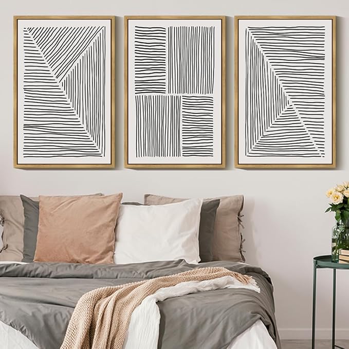 Drsoum Mid-Century Modern Framed Wall Art Large 24x36in Minimalist Abstract Boho Black Line Wall Decor Geometric Artwork Kitchen Dining Room Black Framed