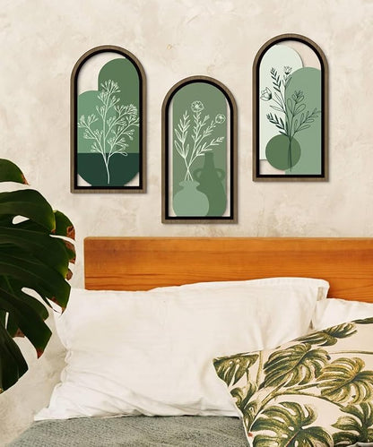 Putuo Decor Boho Botanical Wall Art Set of 3, Abstract Floral Artwork with Vase and Green Tones, Mid Century Modern MDF Wooden Wall Decor for Living Room Bedroom Office, Arch Design 16x8in