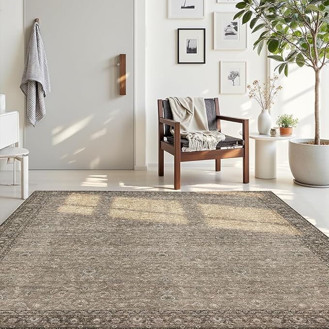 4x6 Area Rugs Grey and Brown Washable Rug for Living Room, Dining Room, Bedroom, Large Carpets, Non Slip & Non-Shedding Low Pile Vintage Print Rug for Home Office Decor