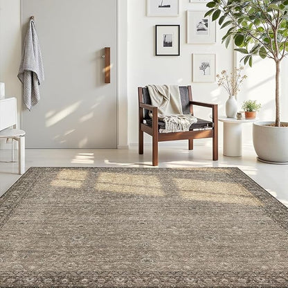 4x6 Area Rugs Grey and Brown Washable Rug for Living Room, Dining Room, Bedroom, Large Carpets, Non Slip & Non-Shedding Low Pile Vintage Print Rug for Home Office Decor