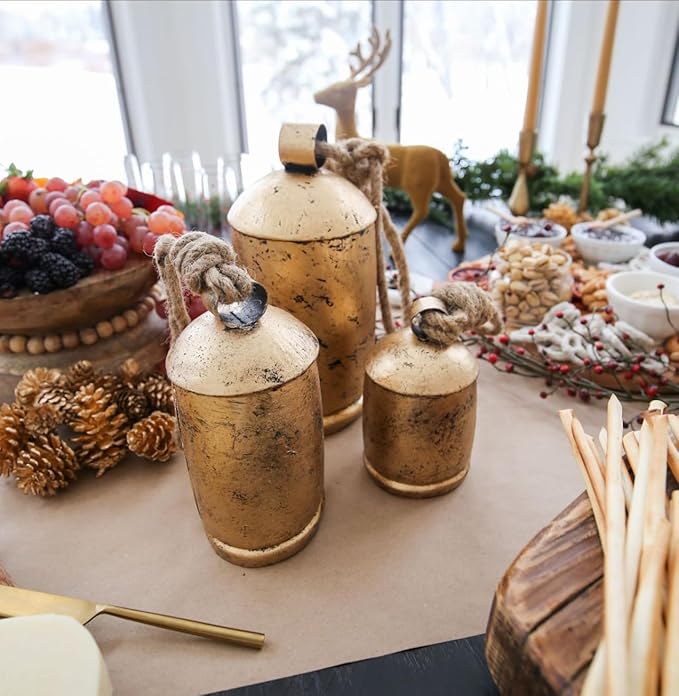Large Vintage Gold Cow Bells for Rustic Christmas Decor Hanging Bells on Rope Set of 3 Harmony Cow Bells Vintage Handmade Rustic Lucky (Set of 3, 6,8,10 inches)