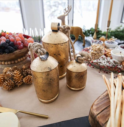 Large Vintage Gold Cow Bells for Rustic Christmas Decor Hanging Bells on Rope Set of 3 Harmony Cow Bells Vintage Handmade Rustic Lucky (Set of 3, 6,8,10 inches)