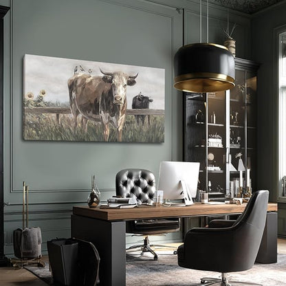 ZENPEE Black and Brown Cow Canvas Wall Art Painting – Rustic Farmhouse Vintage Animal Decor for Living Room & Bedroom, 24 x 48 Inch