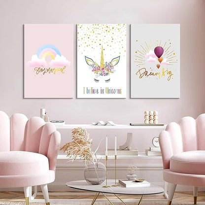Colorful Unicorn Wall Art for Girls Bedroom Pink Unicorn Poster Pictures 3 pcs Motivational Rainbow Hot Air Balloon Cartoon Unicorns Paintings for Teen Girl Women Nursery Bathroom Decor 16"x24"