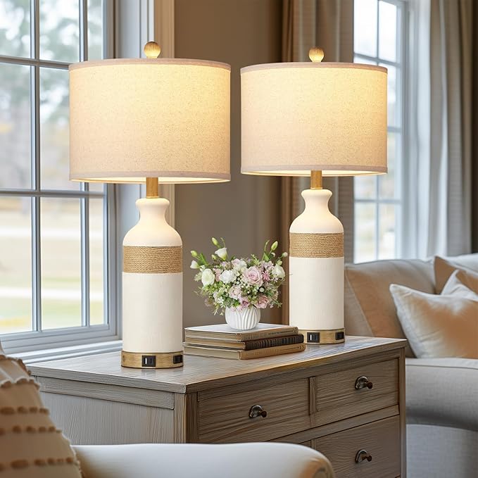 Cinkeda Boho Rattan Table Lamps for Bedroom Nightstand 26" Farmhouse Bedside lamp Set of 2 with USB C+A Ports & AC Outlet,3-Way Dimmable Touch Control Vintage Lamps for Living Room(Include Bulbs)